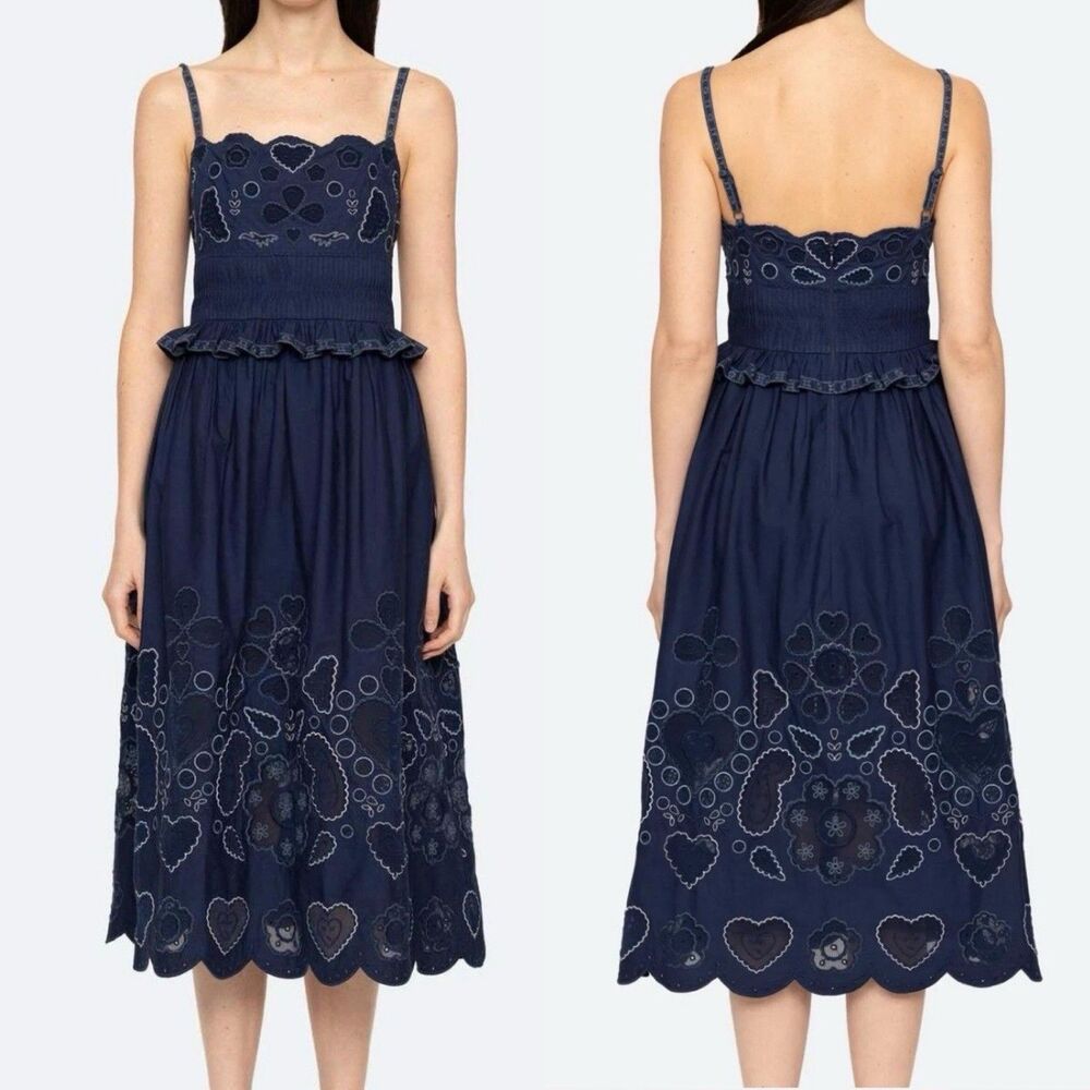 Sea New York Navy Jeanetta Heart Embroidered Midi Dress Sz 2 Whimsigoth Coquette